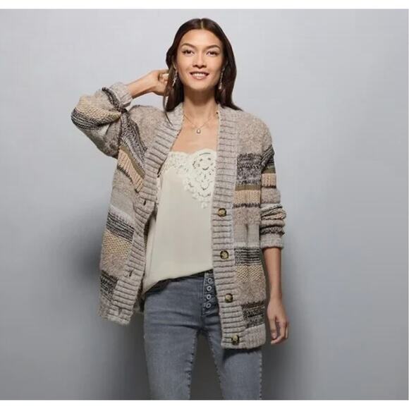 Cabi 4471 Knit Boyfriend Cardigan Button Down Oversized Mixed Pattern Textured - Picture 1 of 5